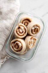 Unbaked cinnamon rolls with creamy frosting filling in a glass container, ready for baking at home