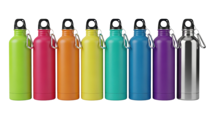 eight identical stainless steel water bottles in vibrant colors (pink, blue, yellow, green), perfectly aligned on a transparent studio background under commercial light. concept for product