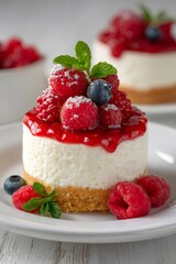 Mini cheesecake with berry topping, raspberries, blueberries, powdered sugar, and mint, a sweet dessert on white plate