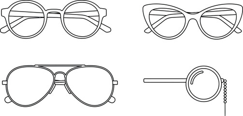 Line art vector set of 5 Glasses frames round spectacles cat eye glasses aviator sunglasses and monocle