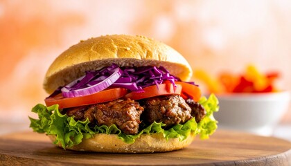 Gourmet Burger with Savory Meat, Crisp Lettuce, and Fresh Toppings
