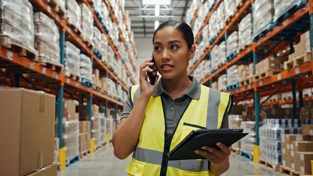 Warehouse worker talking on phone holding tablet inspecting inventory