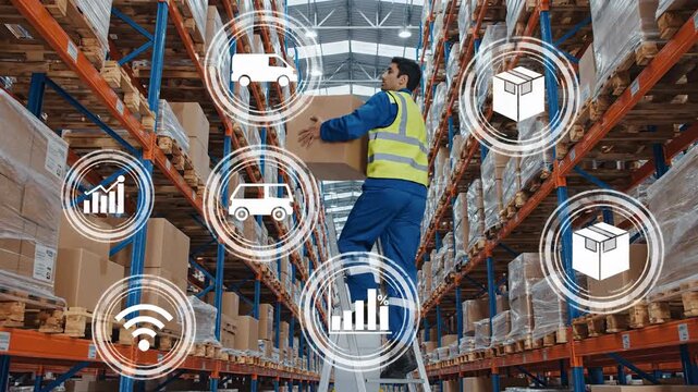 Warehouse worker stacking box on high shelf with technology icons