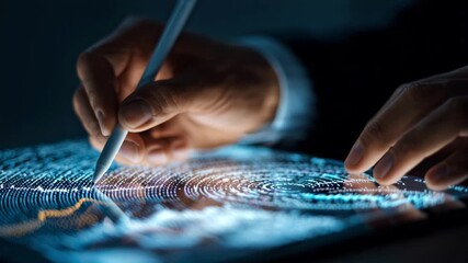 Digital fingerprint analysis technology futuristic data visualization hands stylus pen cybersecurity big data analytics innovation business intelligence stock footage video clip - Powered by Adobe