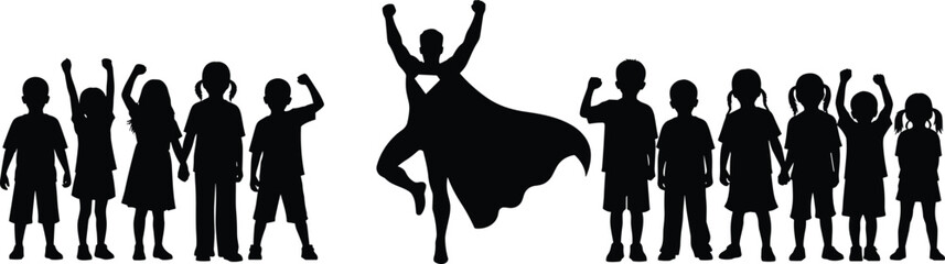 Children silhouettes with superhero figure symbolizing inspiration, confidence and imagination, leadership and empowerment concept illustration isolated on white background © Aiub