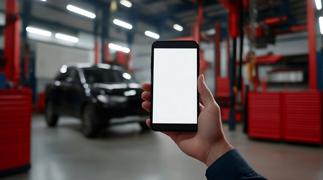 At the auto repair shop, a hand holds a smartphone with a blank screen, waiting for diagnostic data. Car in the background. Modern garage setting for vehicle maintenance. - Powered by Adobe
