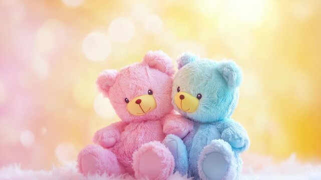 Two plush bears, one pink and blue, sit on fluffy surface with bokeh background