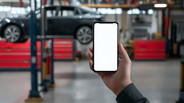 Hand holding a mobile phone with a white screen in a car repair shop, with tools and equipment visible in the background. Modern technology for automotive maintenance. - Powered by Adobe