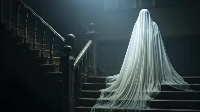 A spectral figure stands on steps. The veiled entity inspires fear. Ghostly presence conveys a supernatural horror. An eerie spectacle of fear horror ghost supernatural