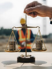 Hand holding scales of justice with stacks of coins on a blurred construction site background.