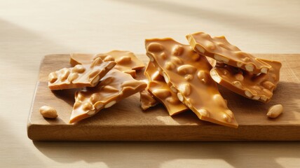 Pieces of Crunchy Golden Peanut Brittle on a Rustic Wooden Cutting Board in Natural Daylight