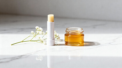 Natural skincare products with lip balm and oil on marble surface  