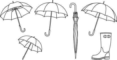 Outline illustration set of 6 Umbrella states open umbrella closed umbrella beach parasol and rain boot