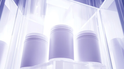 Three cylindrical containers rest on a clear shelf, bathed in gentle, diffused light. The minimalist design and soft color palette evoke a sense of cleanliness and purity.