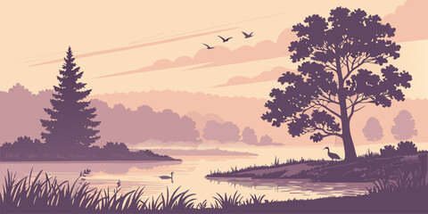 Serene Lake Sunrise with Misty Reflections