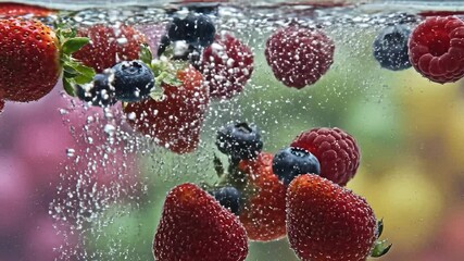 A vibrant and refreshing closeup shot of fresh red strawberries blue blueberries and crimson raspberries submerged in clear sparkling water with numerous effervescent bubbles rising dynamically creat. - Powered by Adobe