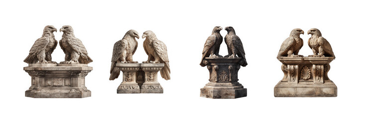 Four variations of ancient eagle statues facing each other detailed stone carvings on transparent background