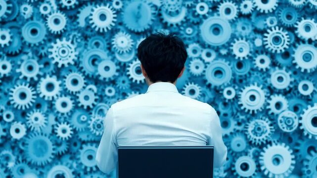 Man in white shirt facing numerous blue gears on wall symbolizing complex problem solving engineering mechanical technology and machinery environment