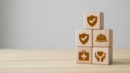 Insurance and Safety Concept with Wooden Blocks Featuring Icons for Health Care, Construction Protection and Medical Security.png