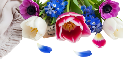 Colorful tulips and pansies with blue flowers isolated on transparent background