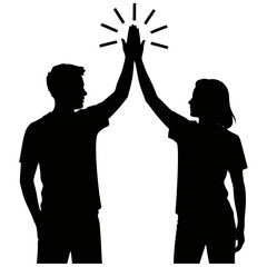 Two people silhouette giving high five gesture showing teamwork success and celebration concept on white background