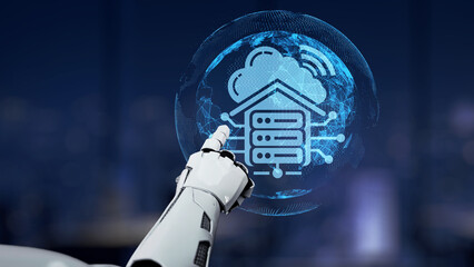 A robotic hand points at a cloud-based data storage icon, featuring digital connections against a futuristic city background, illustrating technology and innovation. Synapse