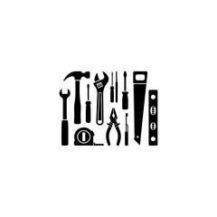 &ldquo;collection of 12 hand tools silhouettes hammer, wrench, screwdriver, saw, black fill, vector