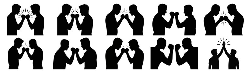 Collection of Silhouette Icons Representing Two Men Arm Wrestling and Fist Bumping Concept