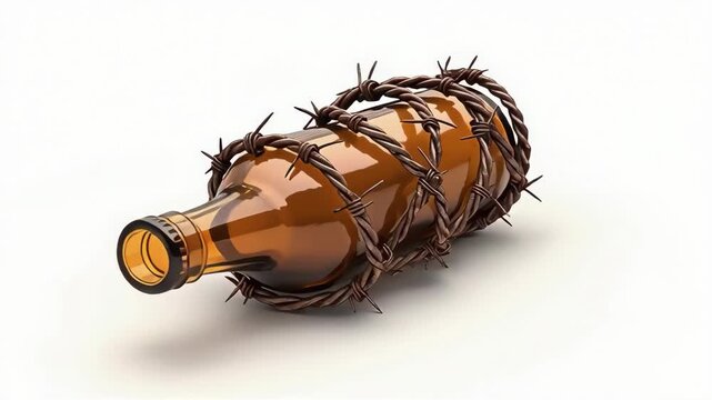 Brown glass bottle wrapped with rusty barbed wire isolated white background symbolizing restriction danger and isolated barbed wire around bottle
