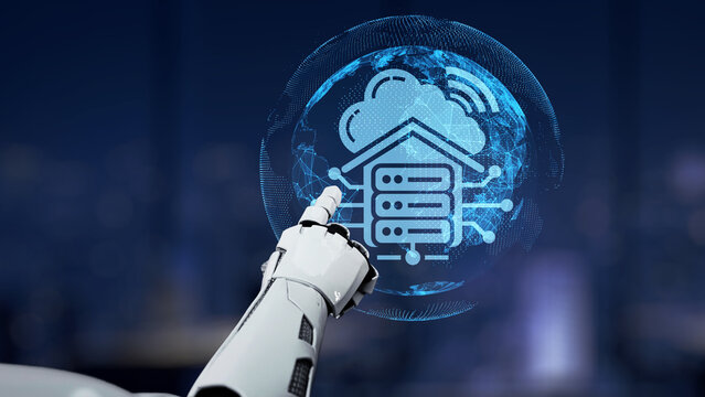 A robotic hand points at a cloud-based data storage icon, featuring digital connections against a futuristic city background, illustrating technology and innovation. Synapse - Powered by Adobe