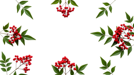 Red berry clusters with green leaves on black background isolated on transparent background