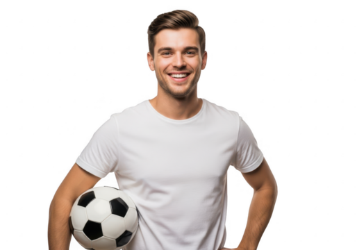 Young man with soccer ball isolated on transparent background - Powered by Adobe