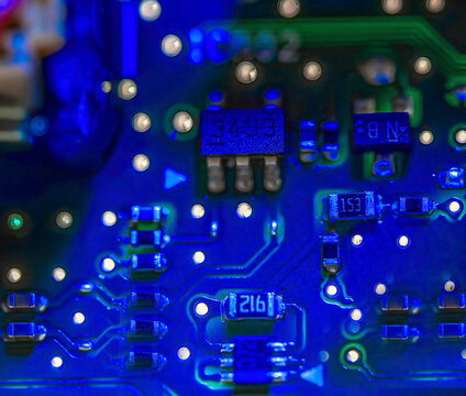 Macro image of a portion of a printed circuit board with electronic components