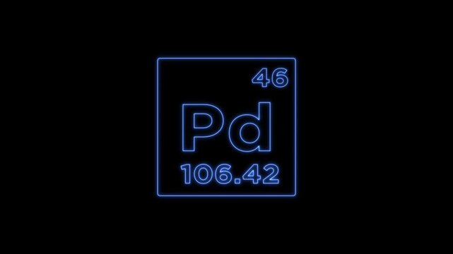 Palladium periodic table element symbol hologram, chemical element Periodic Table, atomic weight element number on black background in 4K