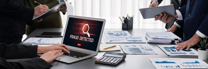 Panorama shot analyst team utilizing BI Fintech to analyze financial report with laptop....