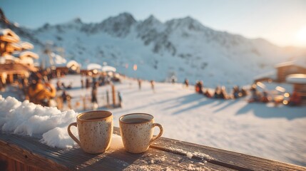 Two cups of coffee on a wooden railing overlooking a snowy mountain. The scene is peaceful and serene, with people skiing and snowboarding in the background
