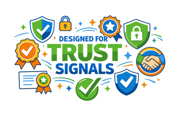 Designed for trust signals: shields, checkmarks, and handshake icons for reliability