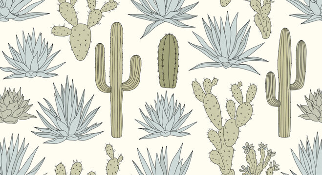 Desert botanical seamless pattern featuring various green cacti, agaves, and succulents on a light cream background.