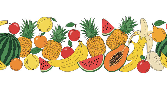 Vibrant hand-drawn border illustration with fresh fruits like watermelon, pineapple, banana, and papaya on a white background.