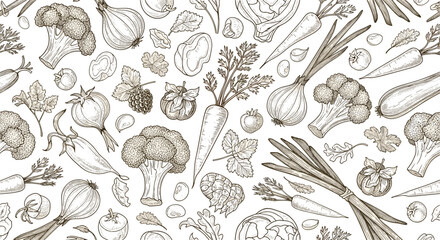 Fototapeta premium Vintage style seamless pattern featuring detailed hand drawn illustrations of fresh vegetables like broccoli, carrots, onions, and tomatoes.