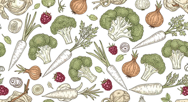 Detailed hand-drawn seamless pattern of healthy vegetables like broccoli and carrots mixed with raspberries for a fresh market feel.