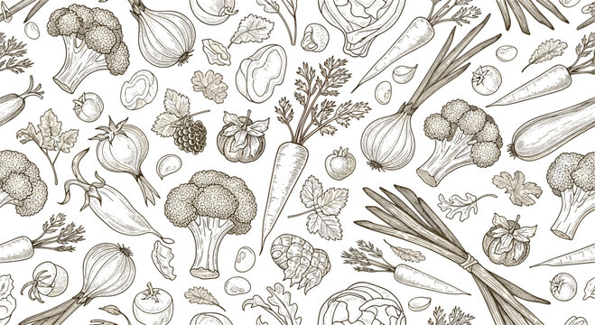 Vintage style seamless pattern featuring detailed hand drawn illustrations of fresh vegetables like broccoli, carrots, onions, and tomatoes.