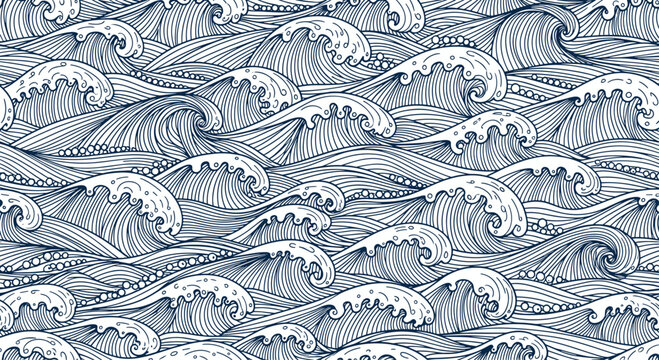 Intricate seamless pattern of stylized blue ocean waves and foam inspired by traditional Japanese art and woodblock prints.