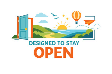 Scenic landscape with open door and inspirational elements