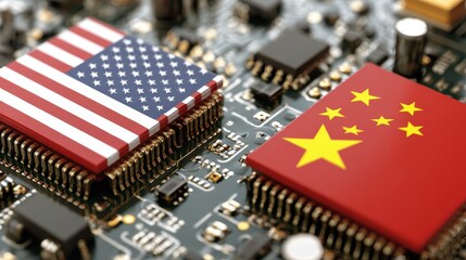 USA and China flags on computer microchips on a circuit board, symbolizing semiconductor trade and technology rivalry