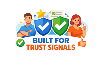 Fototapeta premium Trust signals concept with diverse characters and checkmark shields