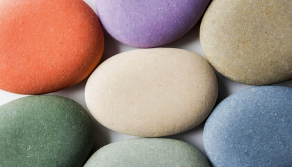 Top view of rounded pebbles in shades of orange, purple, beige, green, and blue. Close-up of the texture with soft side lighting and subtle shadows.