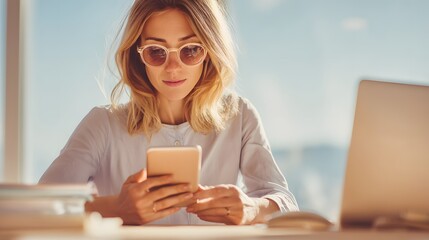 Woman is sitting at a desk with a laptop and a cell phone. She is looking at her cell phone while wearing sunglasses