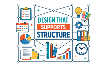 Colorful graphic representing organized design with office supplies and charts