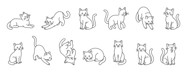 Cute outline cat in various poses. Minimal line art illustration of playful feline pets
